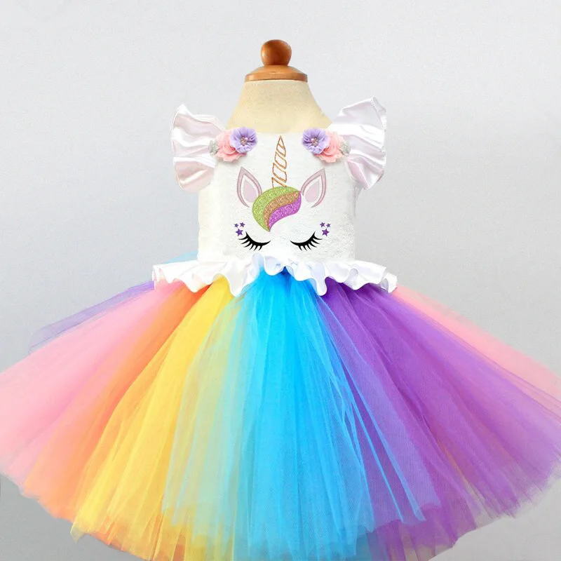 

Baby Girls Tutu Dresses Fancy Rainbow Princess Colorful Unicorn Dress + Headband Christmas Halloween Costume Kids Girl Dress