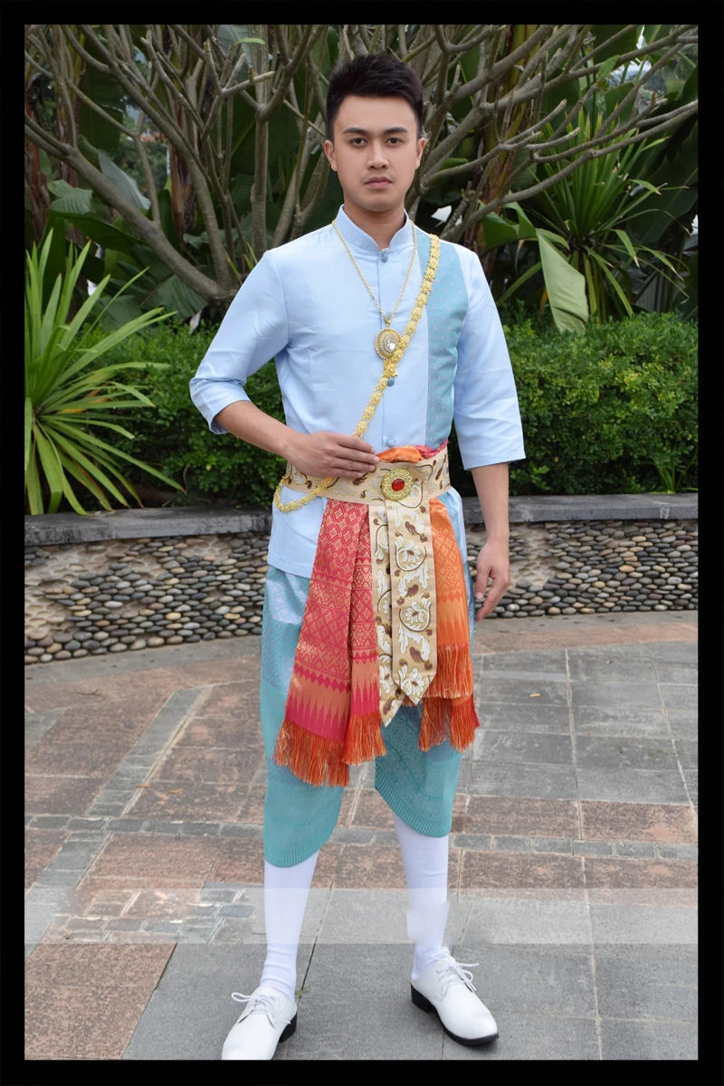 Синяя рубашка с короткими рукавами+ брюки+ поясная повязка для сцены одежда Тайланд дай принц костюм дай традиционный Мужской наряд
