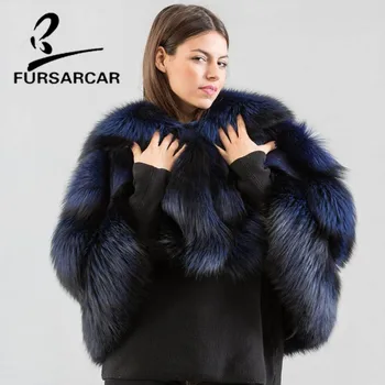 

FURSARCAR New Style Real Fox Fur Shawls Women 2018 O-Neck Luxury Winter Silver Fox Fur Cape Navy Color Fashion Female Fur Cape