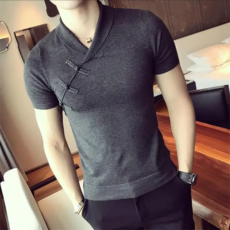 Летняя модная футболка с коротким рукавом и v-образным вырезом в китайском стиле с пуговицами, Мужская футболка, тонкая однотонная мужская футболка