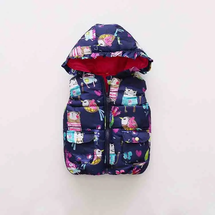 BibiCola/осенне-зимние жилеты для девочек, пальто с капюшоном, плотные теплые куртки для новорожденных, детские куртки из хлопка, пальто с цветочным принтом - Цвет: Синий