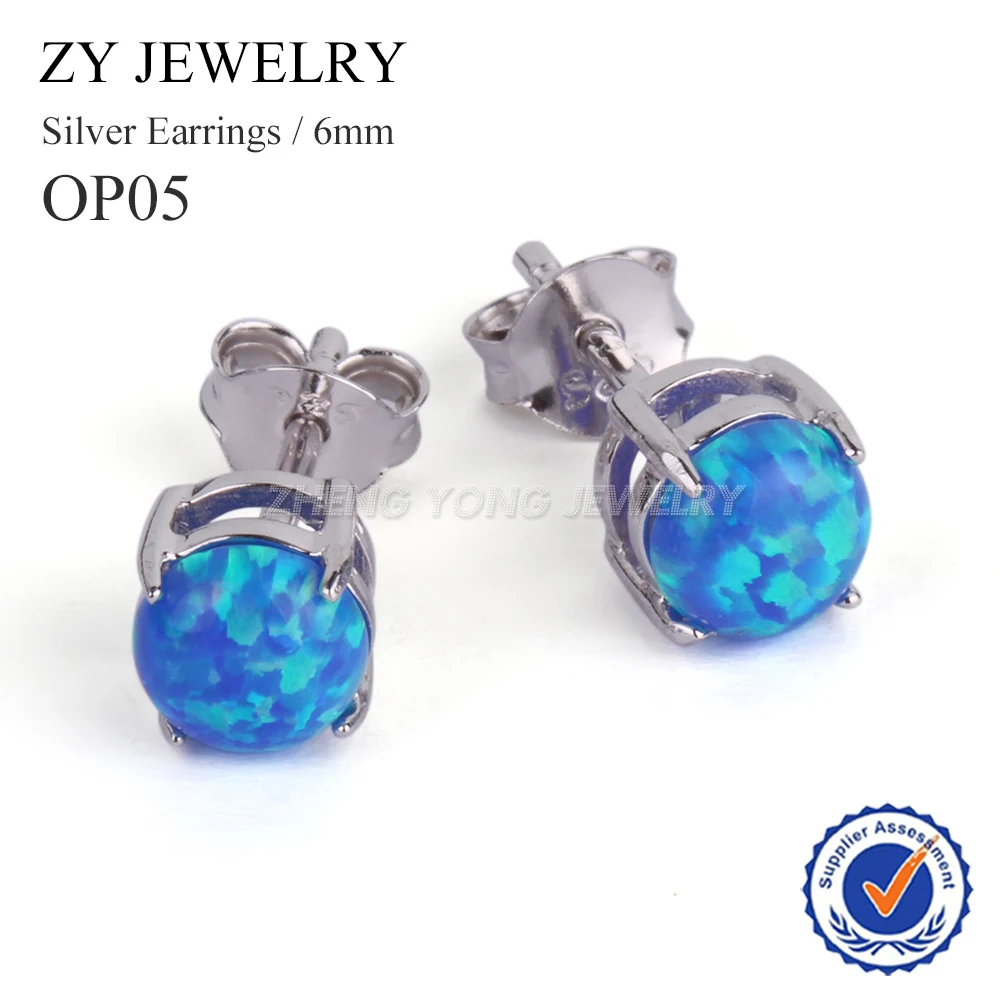 

925 Sterling Silver Stud Earring 6mm OP05 Blue Cahochon Fire Opal Stud Earrings For Women