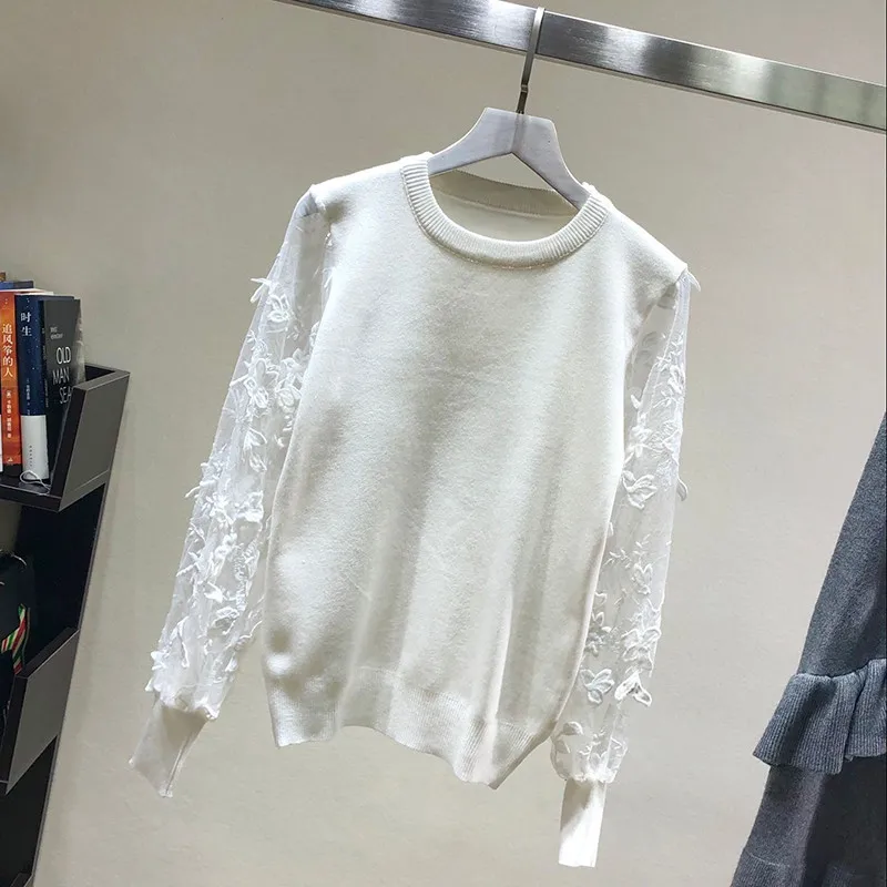 LUOSHA женский осенне-зимний сетчатый топ с 3D вышивкой пуловер в цветочек и свитер кружевной вязаный лоскутный женский модный топ Pull Femme