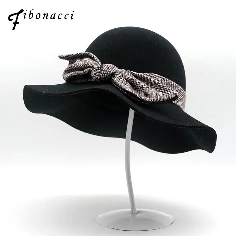 

Fibonacci 2018 New High Quality Female Hat Big Wave Brim Wool Felt Fedoras Autumn Winter Hats for Women