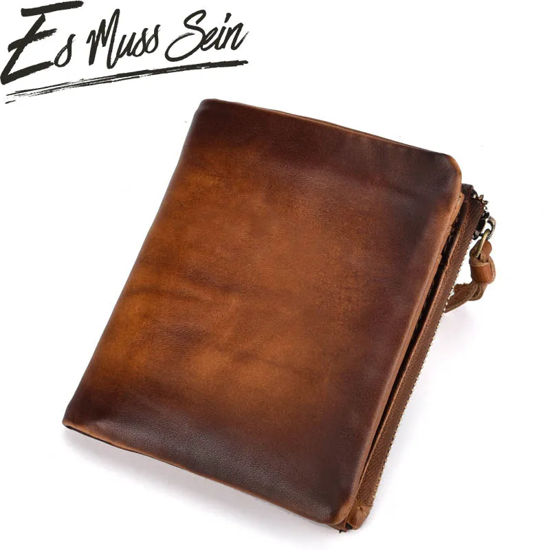 

EsMussSein Vintage First Layer Real Leather Men High-Capacity Multi-Card Short Wallet Retro Clutch Genuine Leather Zipper Purses