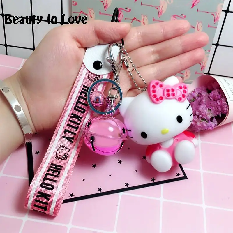 

Cute Cartoon Hello Kitty Rabbit Fur Ball PomPom Pom Poms Keychain Women Leather Strap Metal Key Ring Chains Car Bag Charm D118