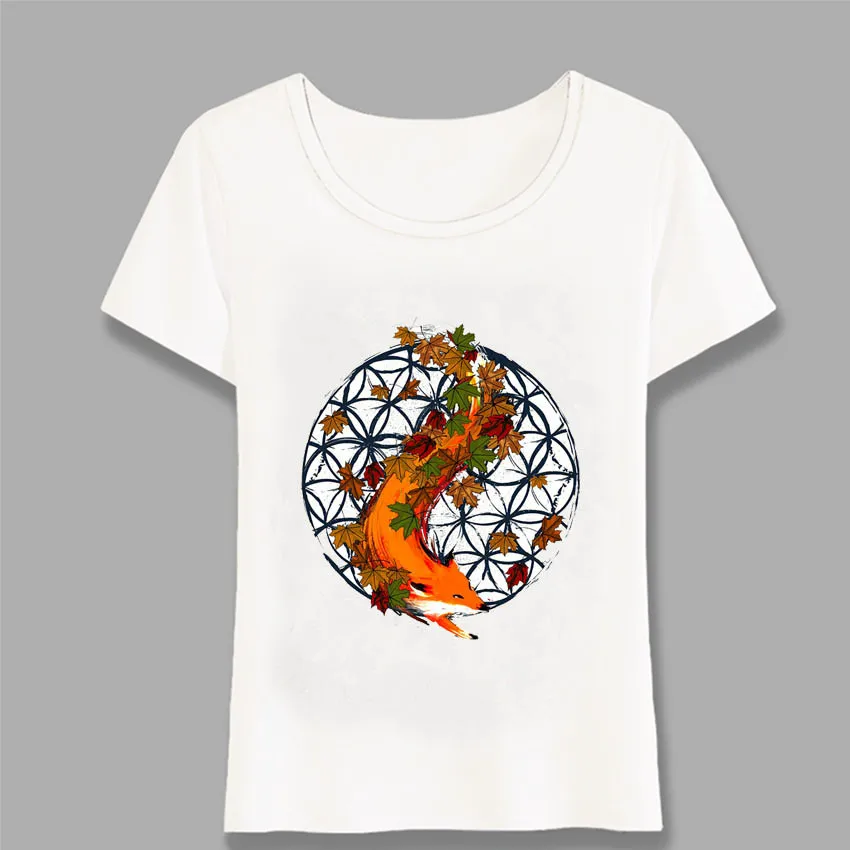 الثعلب الروحي الحيوان و زهرة الحياة تي شيرت مطبوع الصيف أزياء المرأة قصيرة الأكمام فتاة رداء علوي غير رسمي مضحك فتاة تيز المتناثرة