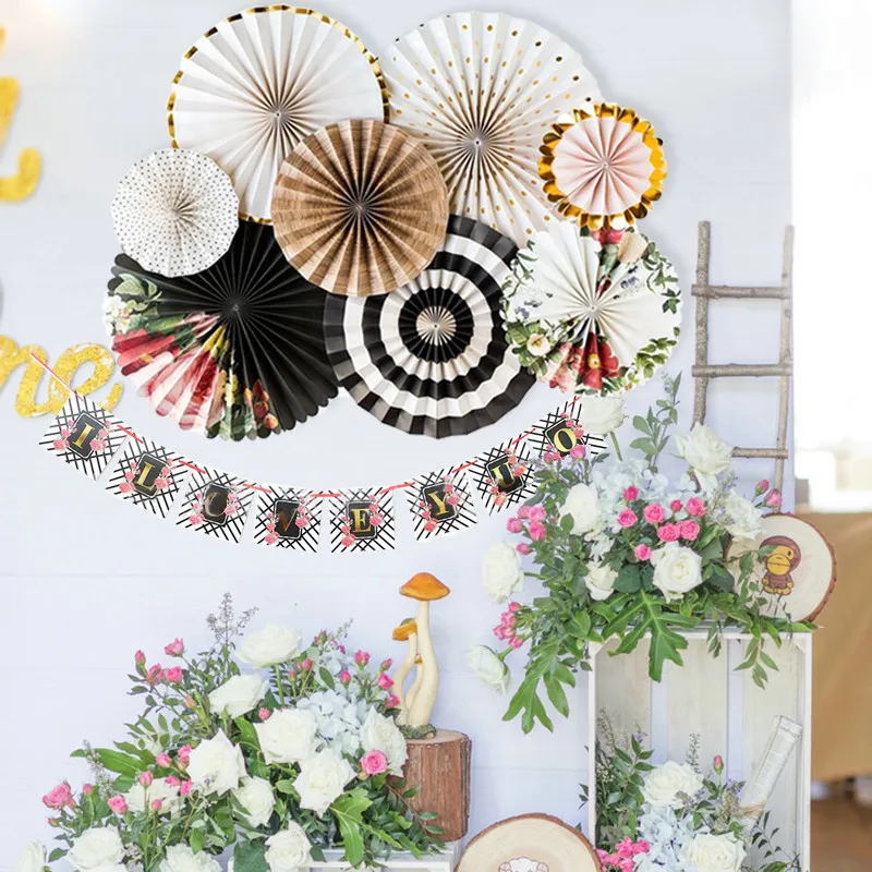 

1 Pack/8pcs Botanical party Pinwheel Backdrop Balck Gold Floral Paper Rosette Paper Fan Wall Covering Wedding Background Garland