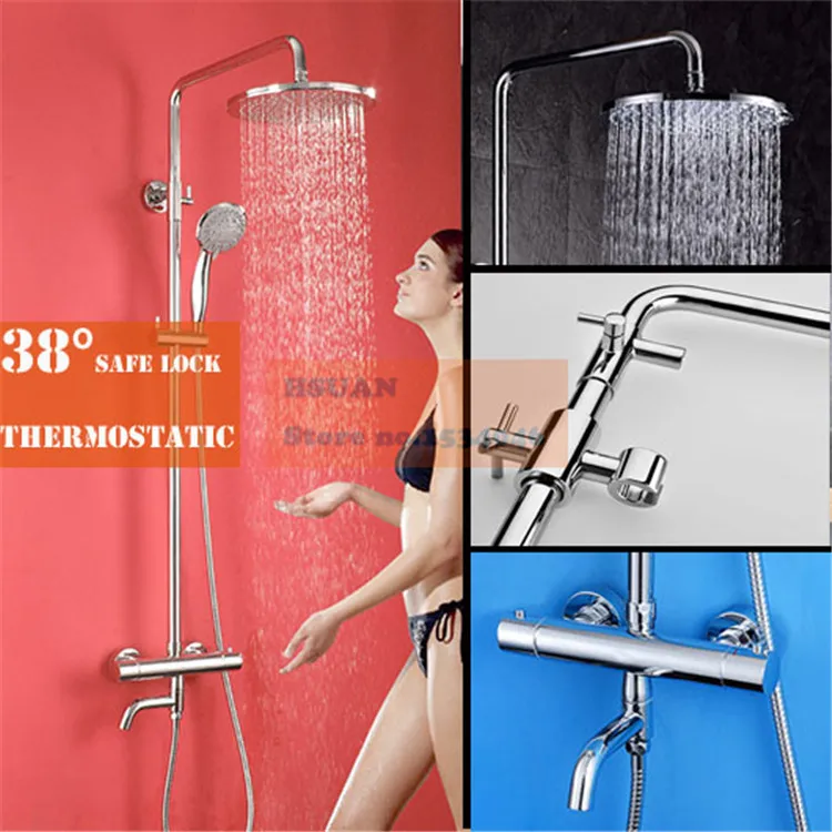 Bathroom item round design copper material thermostat control faucet exposed bath shower set with 10 inch pressurize head | Обустройство