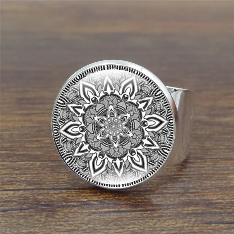 

XUSHUI XJ Mandala Flower Glass Round Dome Women Ring Yoga Om Symbol Jewelry accessories Silver Ring