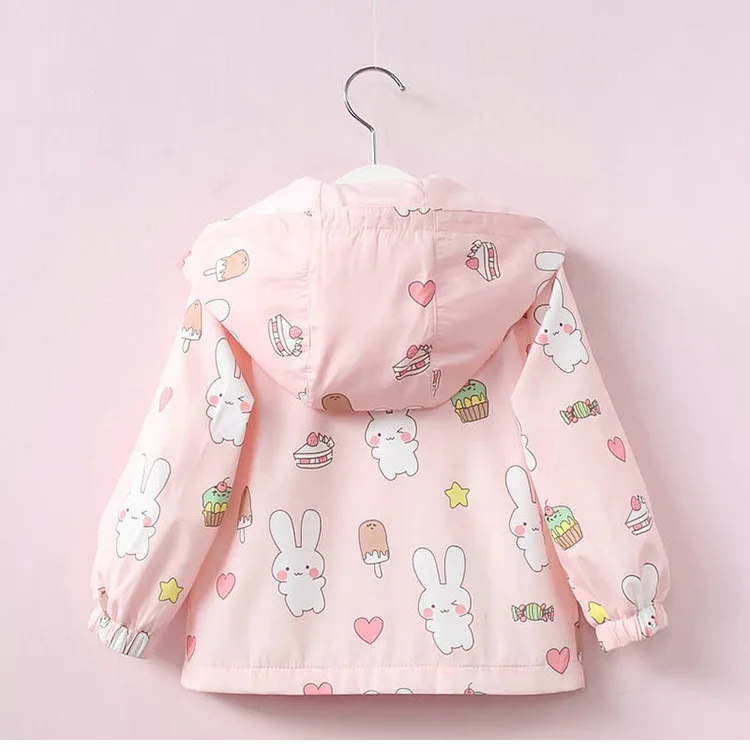 Детская куртка с капюшоном с милым принтом кролика для девочек от 2 до 7 лет, модная верхняя одежда ветровка для маленьких девочек