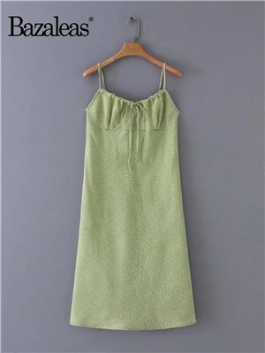 Bazaleas винтажное французское платье миди на бретельках с анисовым принтом в горошек, зеленое летнее платье, модные тонкие платья, Прямая поставка - Цвет: C20 dot green 1249