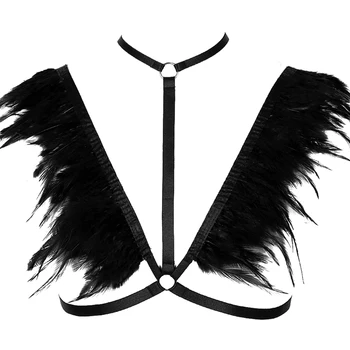 

Feather Harness Bra Chest Body Bondage Black Angel Wing Adjust Tops Sexy Hollow Out Goth Punk Halloween Festival Rave Lingerie