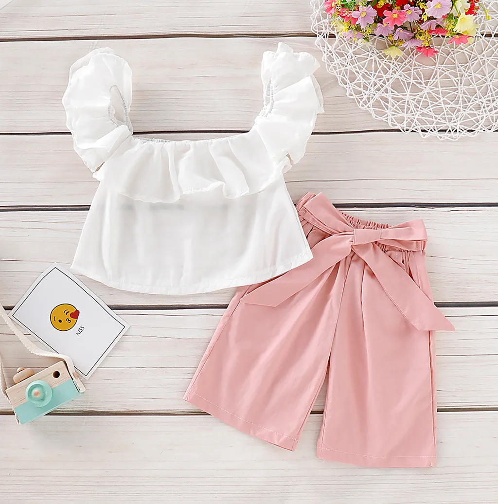 

Toddler Kids Baby Girl Ruffled Sleeveless Tops Bow Long Pants Outfits Clothes Children Child 2019 Drop Shipping