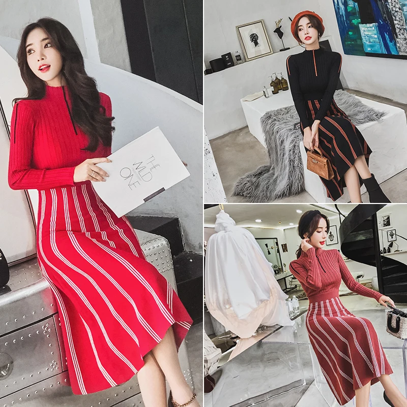 FINEWORDS Autumn Knit Long Winter Dresses Women Luxury Slim Turtleneck Knitted Sweater Dress Office Lady Korean Elegant Dress