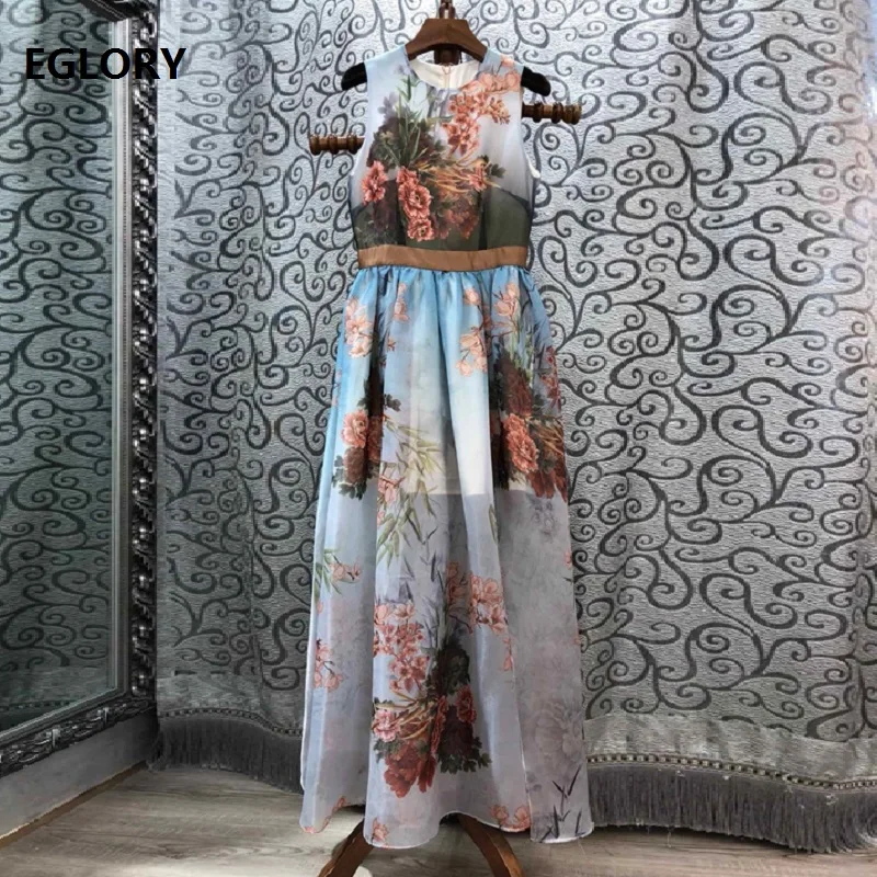 

Runway Long Dress New 2019 Summer Fashion Style Women O-Neck Vintage Floral Print Sleeveless Elegant Maxi Dress Long Party