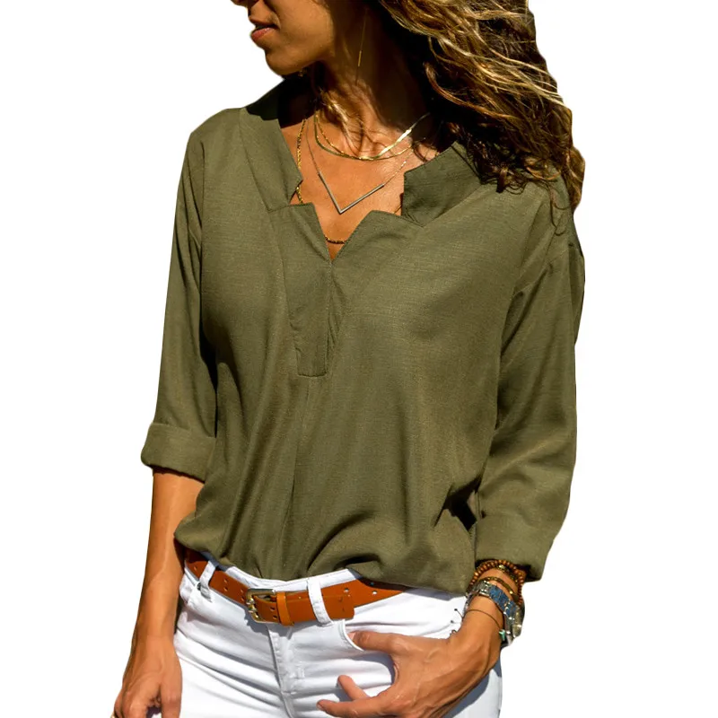 

New Arrival 2019 Womens Tops And Blouses Solid Long Sleeve Ladies Office Tops Casual V Neck Blouse Blusas Mujer De Moda 2019 3XL