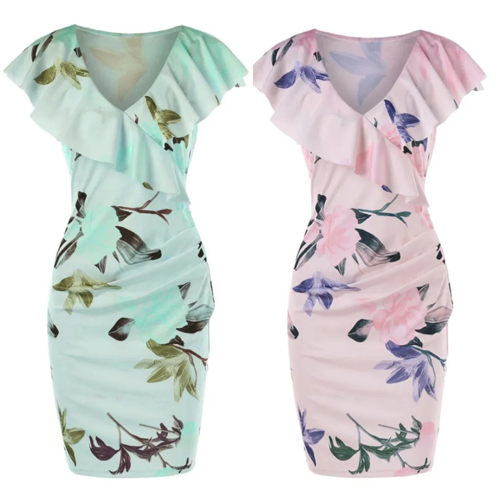 

JAYCOSIN 2019 Summer Dress Women V-Neck Sexy Casual Sleeveless Flower Print Party Dress Sweet Bodycon Mini Dress may21#4
