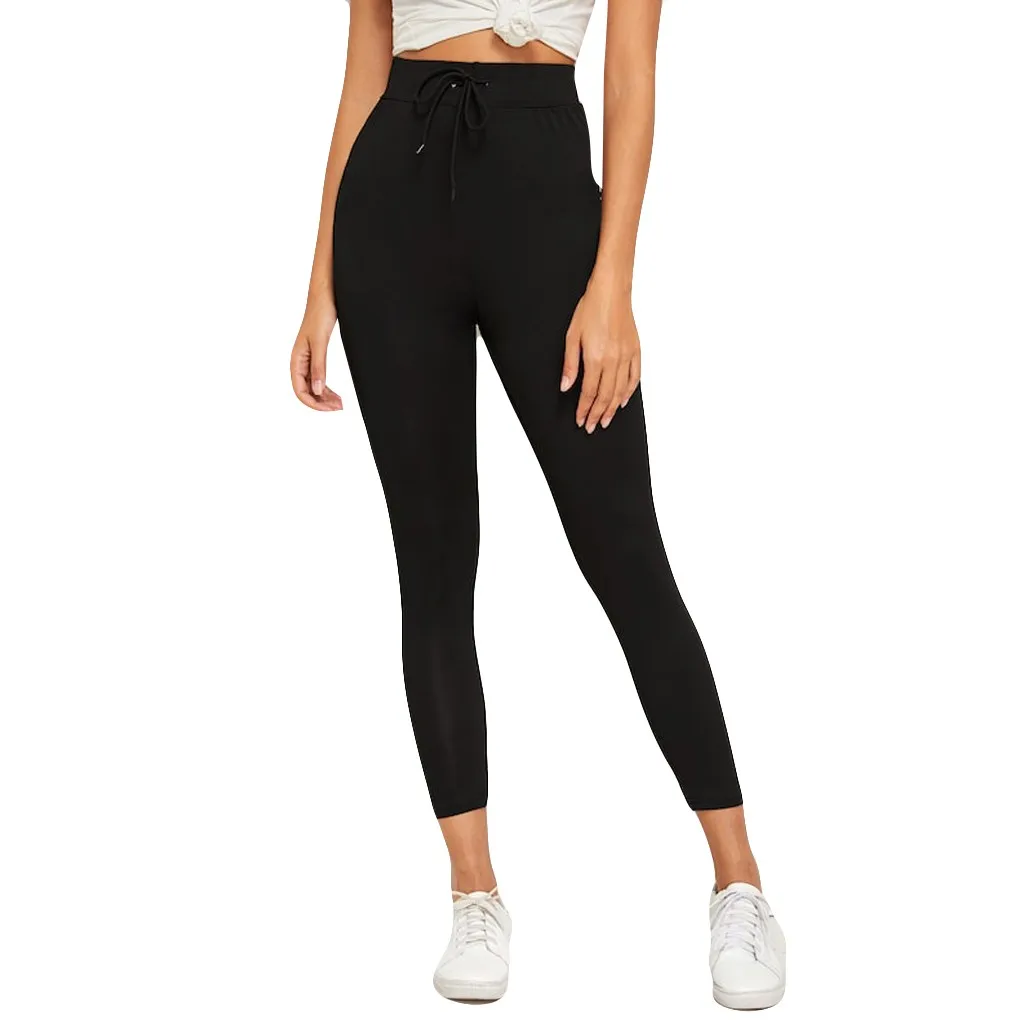 

Feitong Summer Bodycon Women's Pants Fashion Solid Color Drawstring Elastic Sport Pant Beach High Waist Bandage Ladies Pants