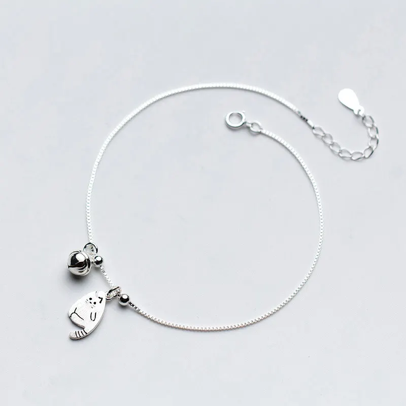 

Cute Cat Bell 925 Sterling Silver Anklet for Women Barefoot Leg Chain Charm Ankle Bracelet Beach Summer Foot Jewelry Accessories