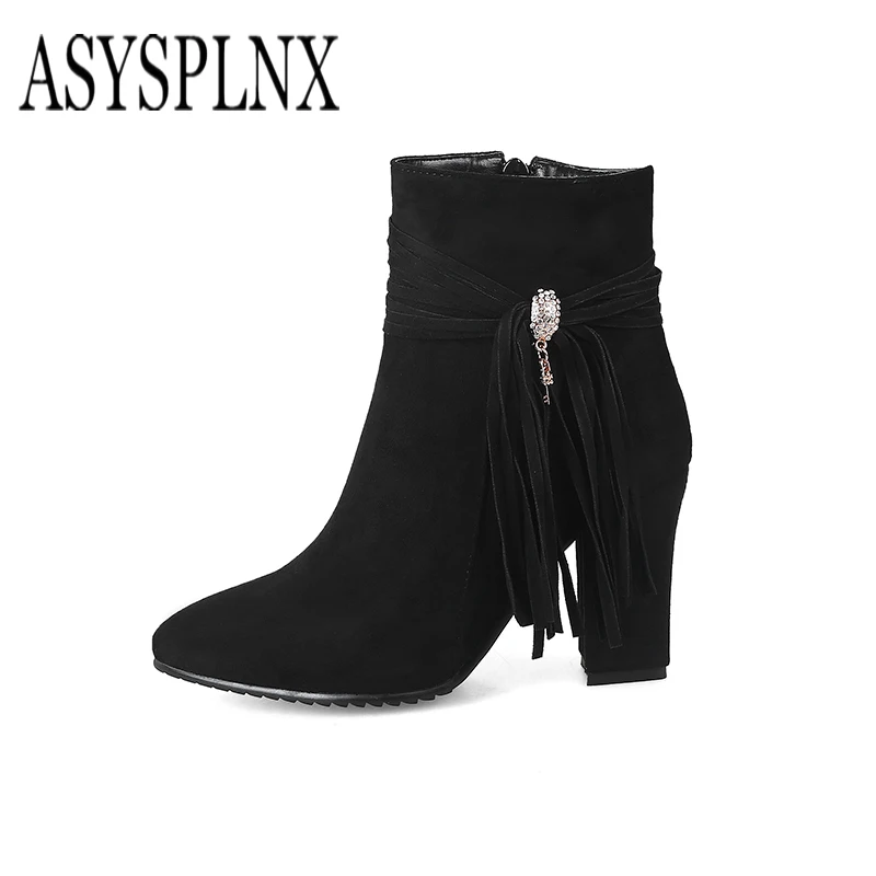 ASYSPLNX brand 2018 winter metal rhinestone trimmed pointed toe black blue women ankle boots thick high heel shoes A020 | Обувь