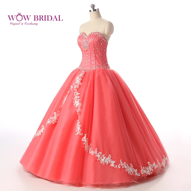Wowbridal роскошный коралловый Пышное Платье стеклянное бальное платье со стразами разделенное Тюлевое многослойное милое 16 платье Vestido De 15