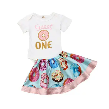 

2019 Newborn 2Pcs Baby Girl Summer Clothes Newborn Romper Doughnuts Printing Bodysuit+Ruffle Skirts Outfits Set