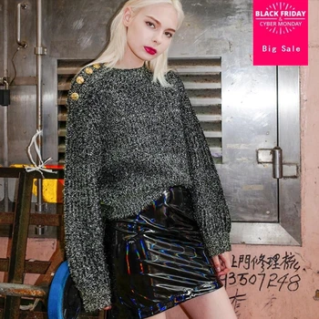 

2018 autumn new knit sweater female fashion metal button gold and silver loose round neck sweater pullover L1366 free shipping