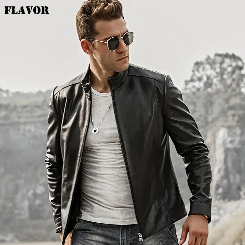 FLAVOR Men's Real Leather Jacket Men Motorcycle Lambskin Slime Fit Genuine Leather Coat with Standing Collar
