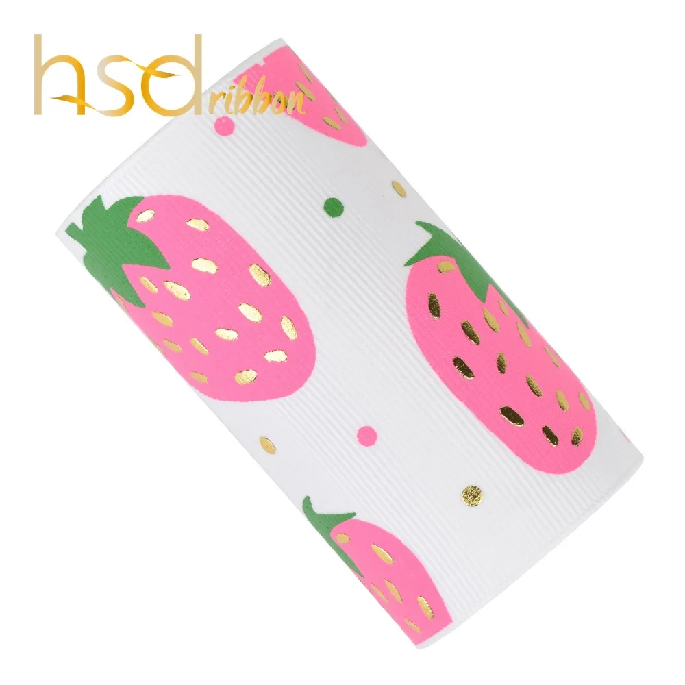 

HSDRibbon Designer custom 75MM 3 inch Strawberry series pattern ink with Foil Printed on White Grosgrain Ribbon