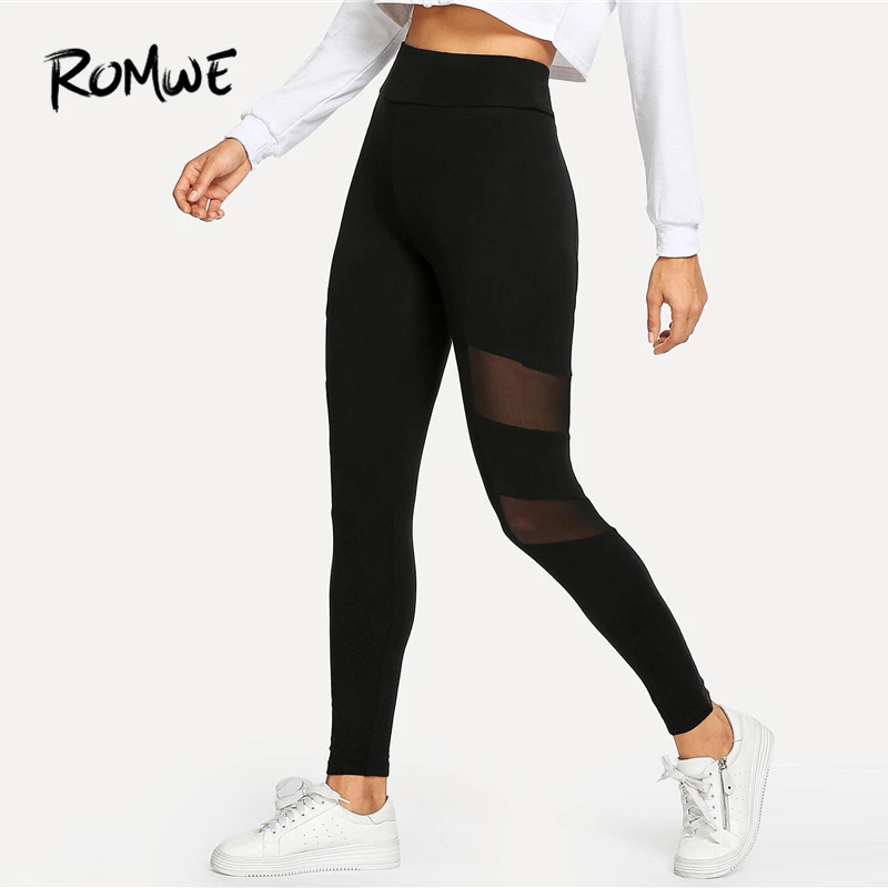 

Romwe Sport Black Mesh Insert Stretchy Workout Slim Crop Yoga Tights Active Wear Jogging Fitness Sportswear Yoga Pants