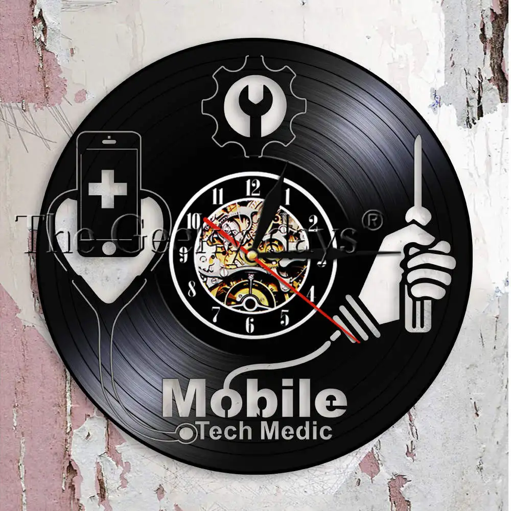 

Smart Devices Hospital Fix Sign Mobile Phone Repair Shop Logo Wall Art Wall Clock Mobile Tech Medic Vinyl Record Wall Clock