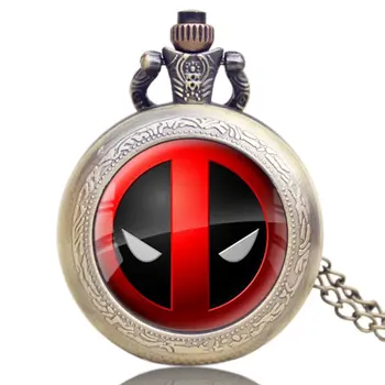 

Antique Style Fashion Cool DEADPOOL Cosplay Necklace Pocket Watch Pendant Chain Retro Quartz Steampunk Men Women