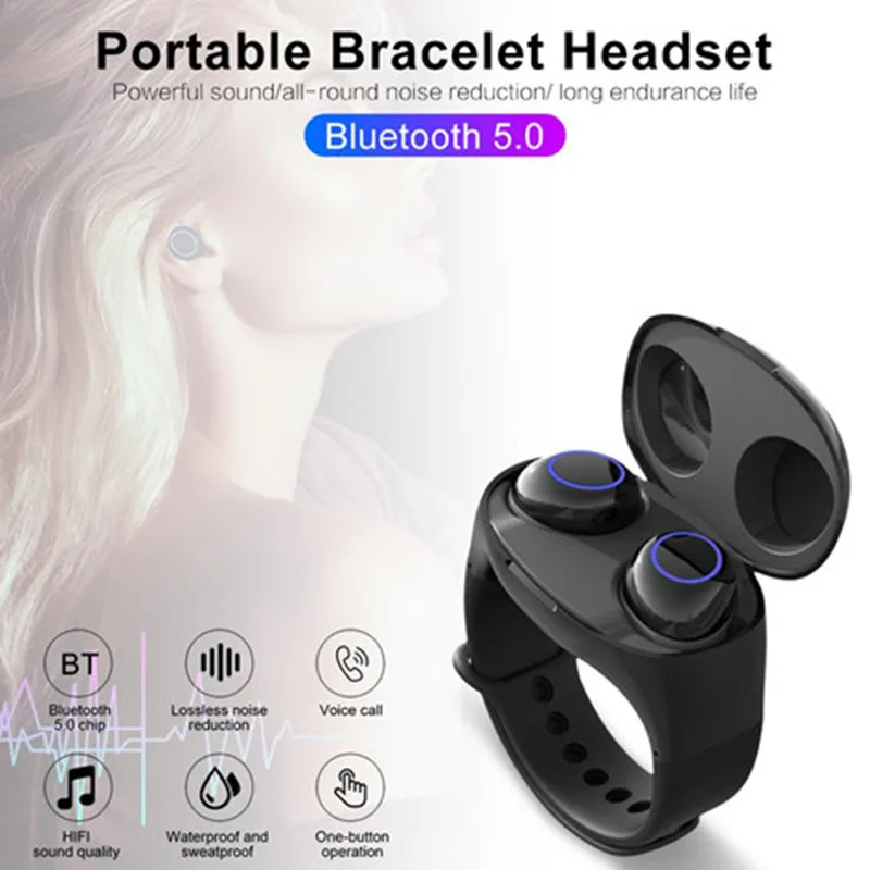 

HM50 True Wireless TWS Earbuds Bluetooth 5.0 Headset Touch Control HiFi Earphones with Wristband Power Case for IOS Android