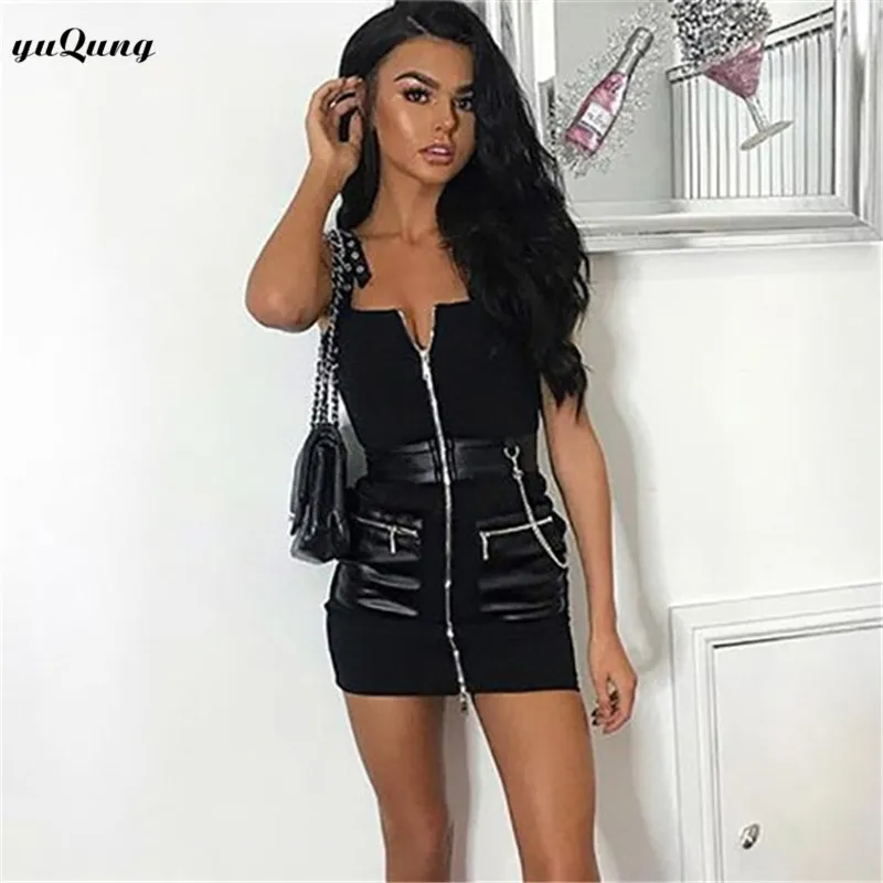 

yuqung autumn Bandage Bodycon Dress New Women strap zipper mini Sexy pu patchwork Club Party short Dresses Vestidos black A60