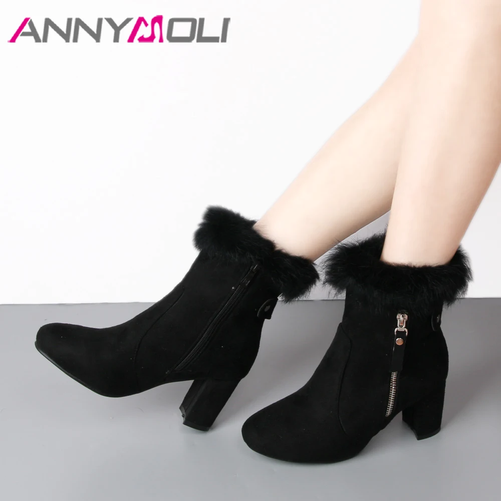 

ANNYMOLI Real Rabbit Fur Ankle Boots Winter Women Boots Square High Heel Zip Short Boots Ladies Comfortable Black Khaki 42 43