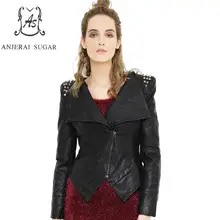 Весна Осень PU кожаная куртка женская куртка черная короткая тонкая заклепка на молнии мотоциклетная куртка с отложным воротником Женская искусственная кожа