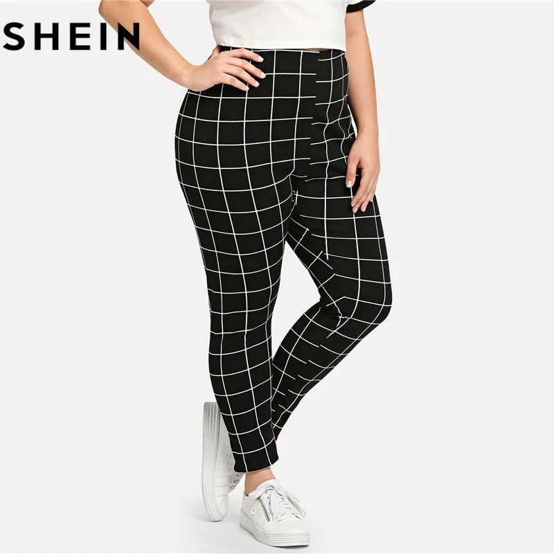 SHEIN черно белые клетчатые женские леггинсы размера плюс со средней талией осенне