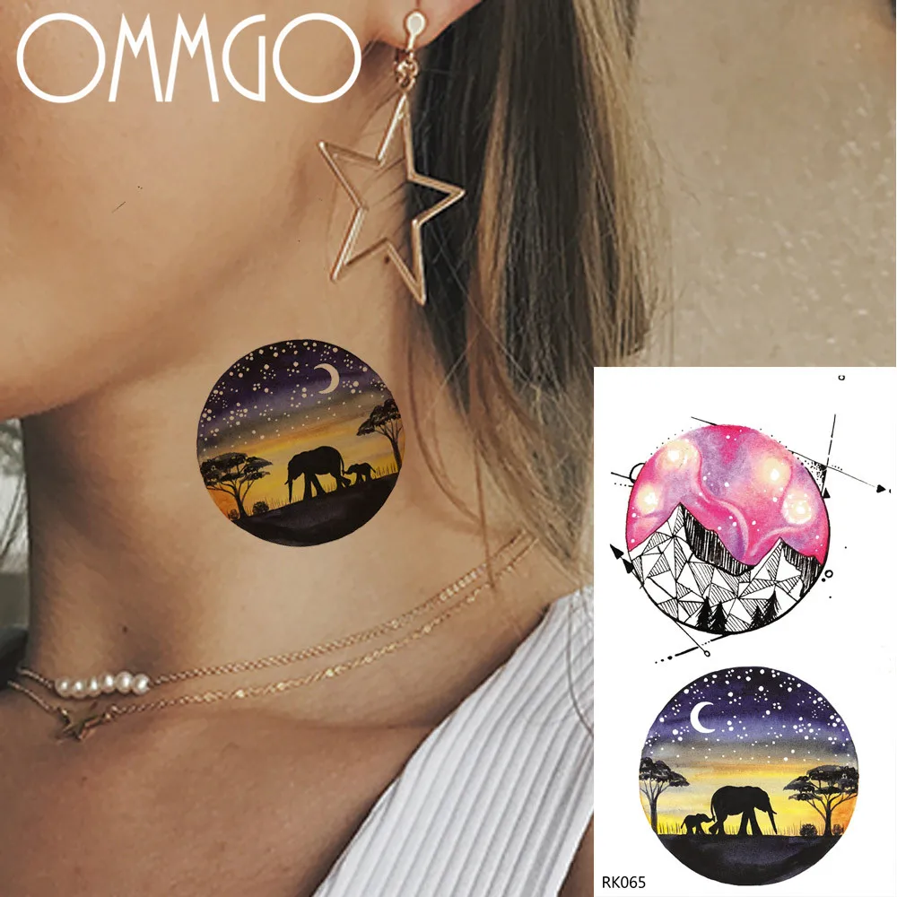 

OMMGO Geometric Watercolor Elephant Temporary Tattoos Sticker Pink Hills Peak Fake Tattoos Star Women Men Custom Travel Tatoo