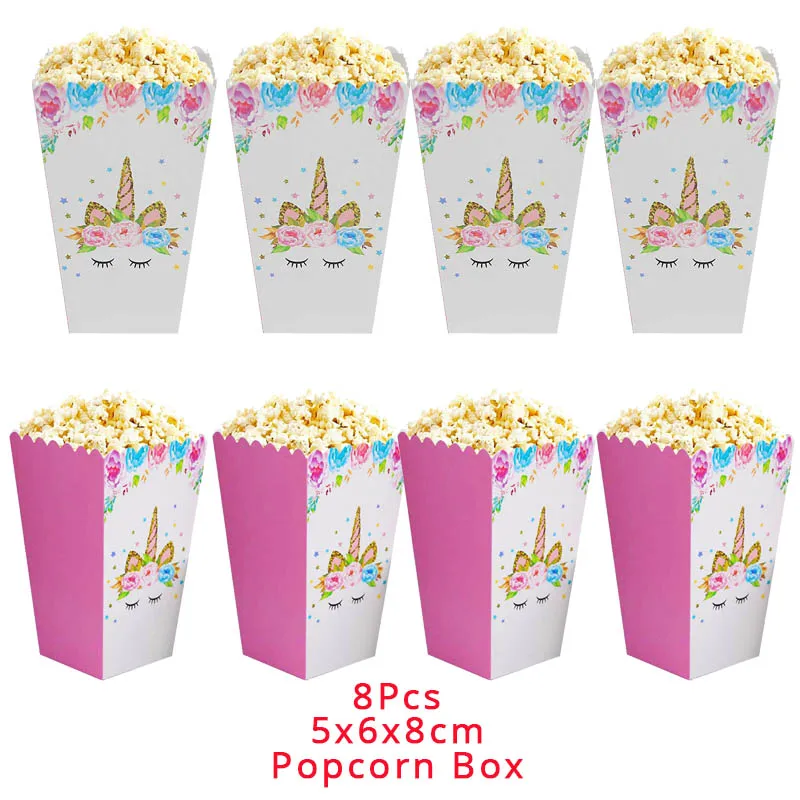 MEIDDING 1 комплект Единорог вечерние одноразовые столовые приборы Единорог день рождения принадлежности тарелки чашки детские салфетки Декор ко дню рождения - Цвет: popcorn box