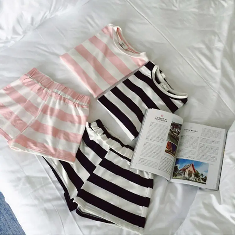 Новинка, Женская полосатая одежда для сна, ночные рубашки, 2 предмета, womeSleep& Lounge, круглый вырез, розовый и белый, для девочек, Домашняя футболка+ шорты, комплекты