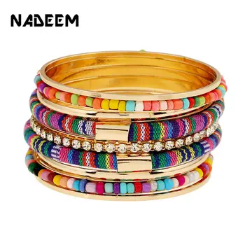 

Boho Temperament Fashion Gold Color 9pcs/Sets Statement Colorful Beads Indian Bracelets & Bangles Set Fashionable Cuff Bangle
