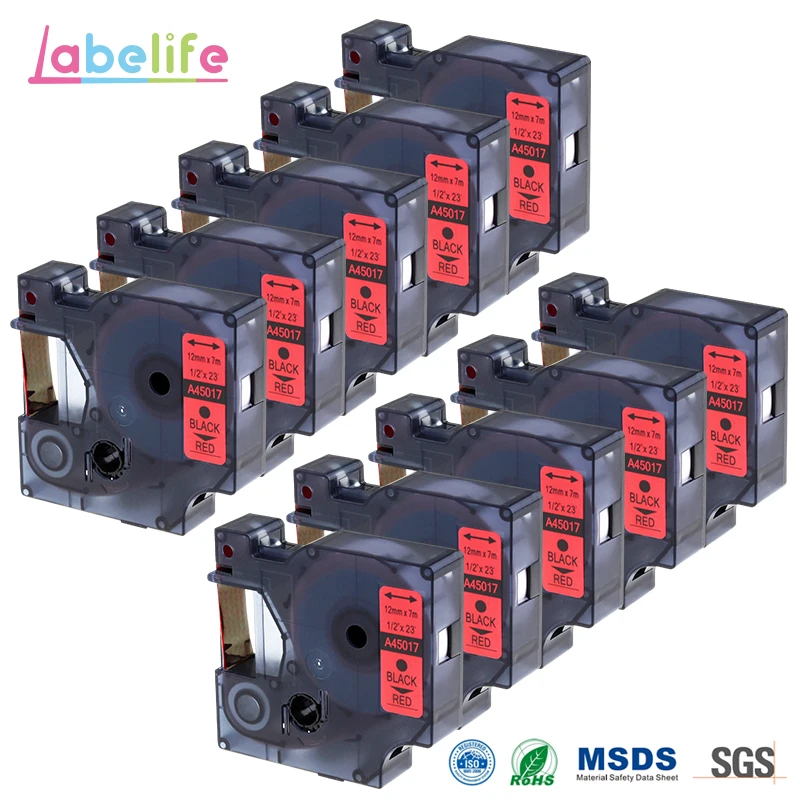 10 упаковок 12 мм Dymo D1 45017 черный на красном совместимом S0720570 Labelmaker лента цвет и клей