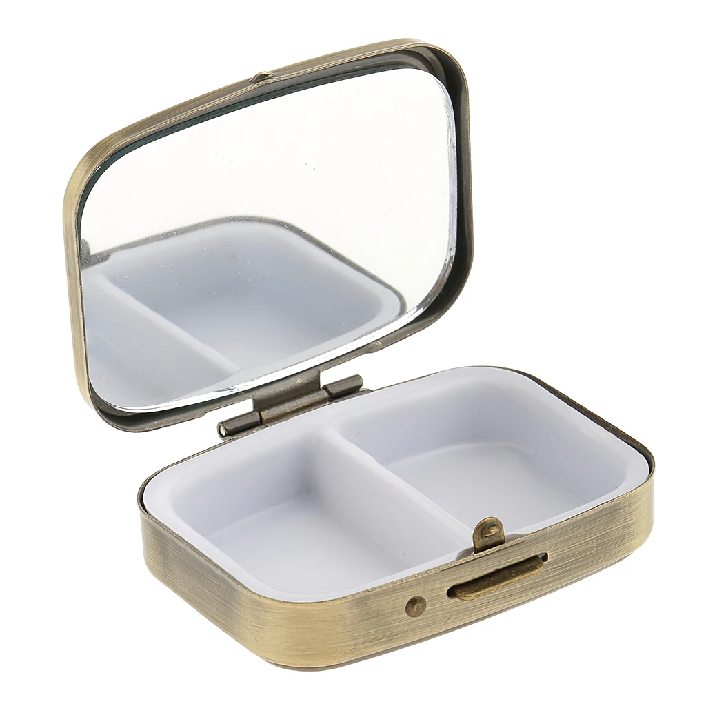 2 Compartments Travel Vitamin Organizer Medicine Tablet Box Trinket Earring Storage Case Container with Mirror