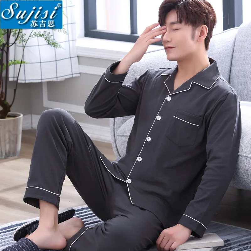 Sujisi Весна новые мужские пижамы с длинными рукавами брюки кардиган Чистый хлопок пижамы мужские свободные большие размеры домашняя пижама