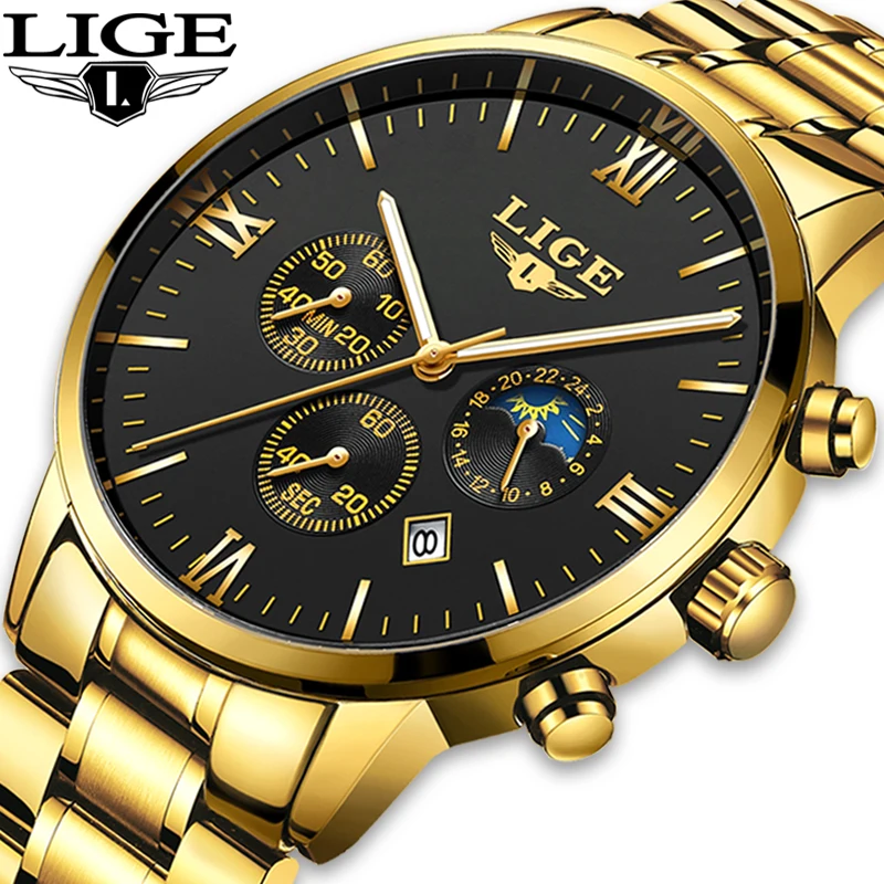 

LIGE New Luxury Brand Mens Sports Watch Gold Full Steel Quartz Watches Men Date Waterproof Military Clock Man relogio masculino
