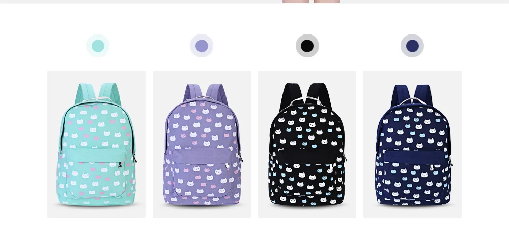 Guapabien 3pcs Preppy Style Kitten Print Zipper Backpack Shoulder Bag Wristlet