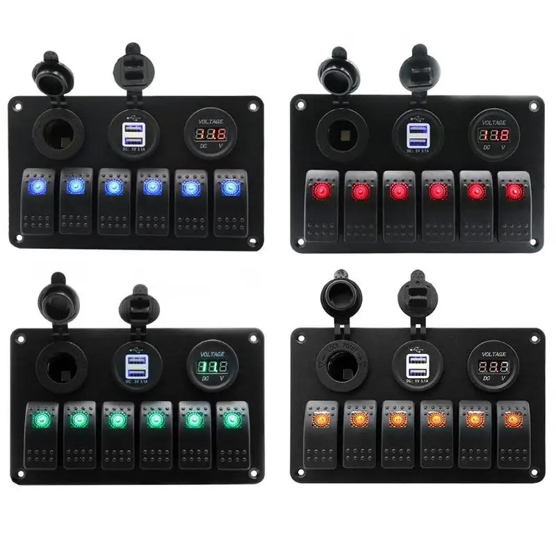 

12V-24V 6 Gang LED Car Boat Rocker LED Light Switch Control Panel Waterproof Dual USB Charger Voltmeter With 2 Stickers 4 Screws