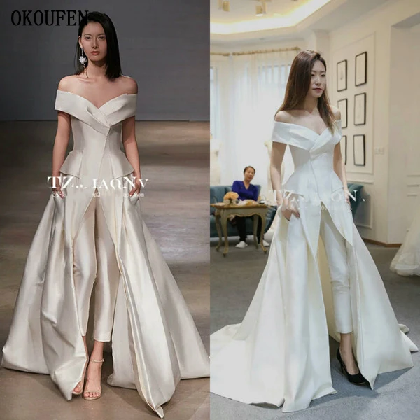 

Hot Long Evening Dresses with Pants 2019 Red Ivory Jumpsuits robe de soiree vestidos de fiesta de noche abiye Formal Party Gowns