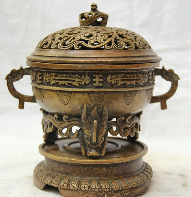 

Elegant old S5991 8" Rare Chinese Dynasty Palace Copper Dragon Head 3 Parts Incense Burner Censer A0403